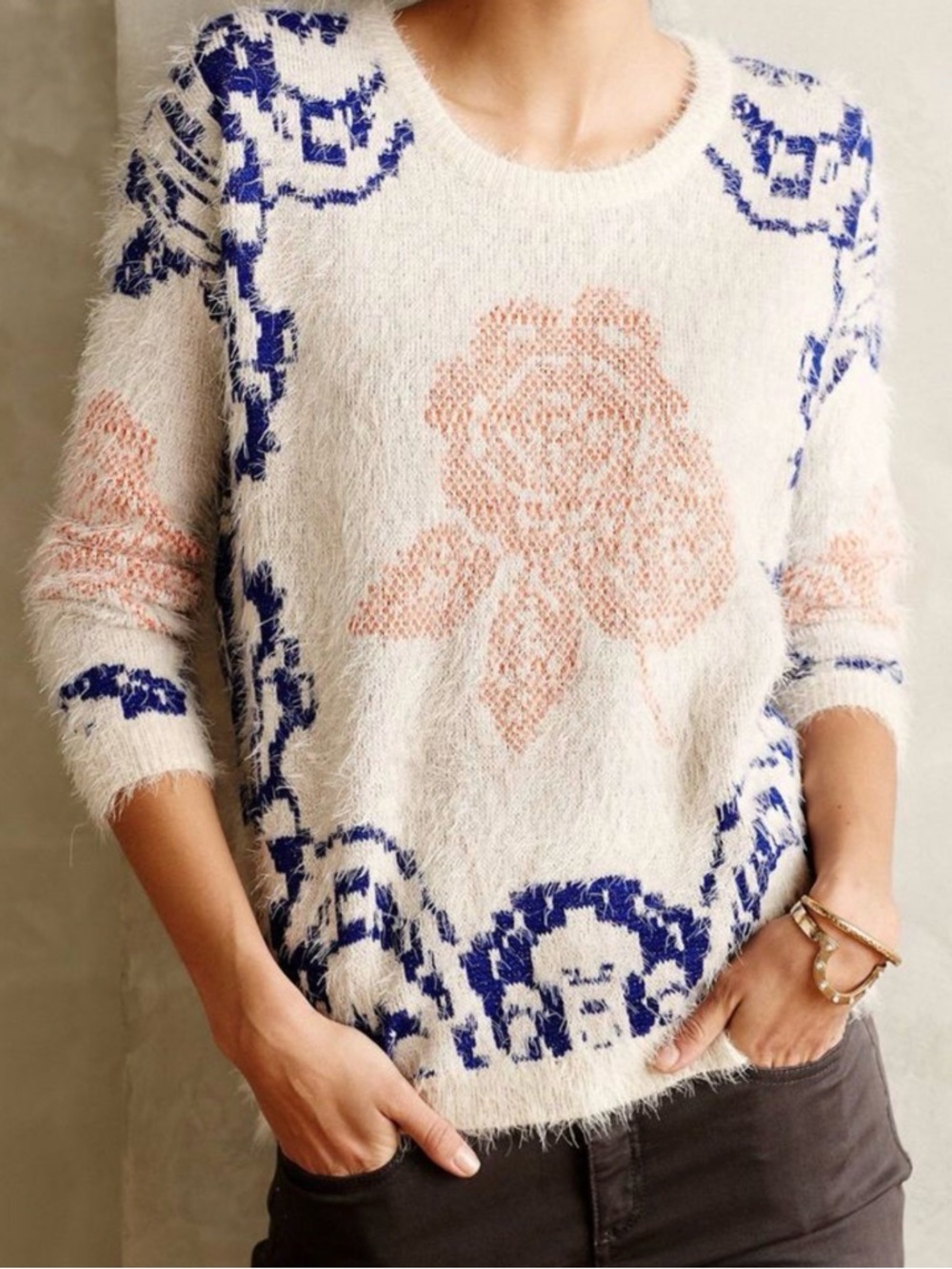 Anthropologie Cream Fuzzy Crewneck with Blue & Pink Floral Motif